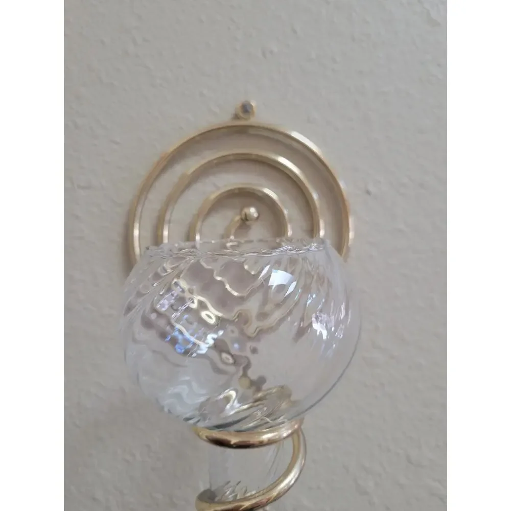 Vintage PartyLite Olympia Glass Candle Holder, Spiral Brass Wall Sconce Set Pair